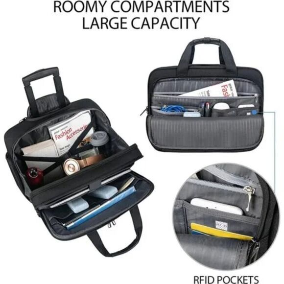 17.3 Inch Rolling Laptop Bag with RFID Pockets, Waterproof For Men, Women, Black - Picture 4 of 7